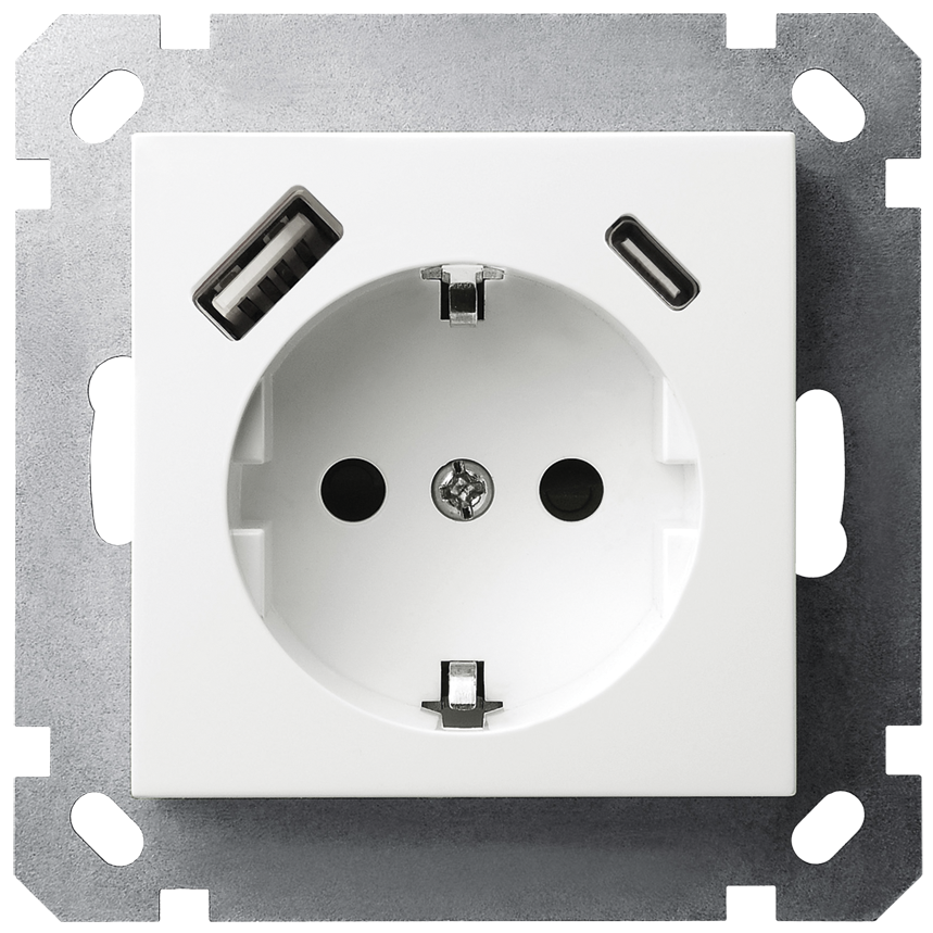 Розетка SHUKO Jasmart с USB тип A-C с защитными шторками 25W 16A 250V 2P+T белый глянцевый G5501USB-25W