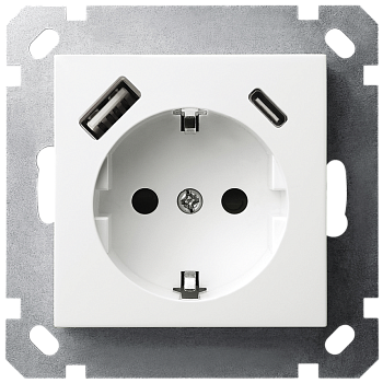 Розетка SHUKO Jasmart с USB тип A-C с защитными шторками 25W 16A 250V 2P+T белый глянцевый G5501USB-25W